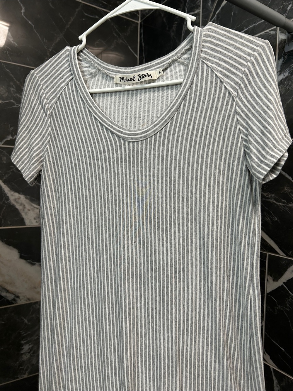 Michael Stars Gray & White Vertical Stripe Short Sleeve Dress